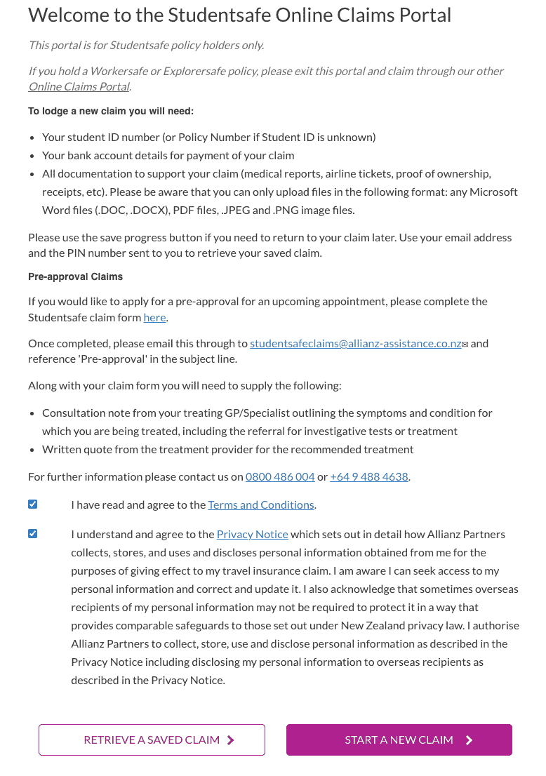 Studentsafe 门户首页 - 勾选条款后点击 Start a new claim