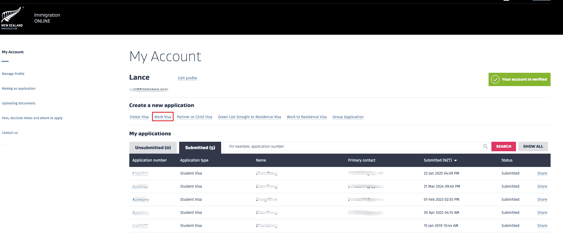 My Account - 选择 Work Visa