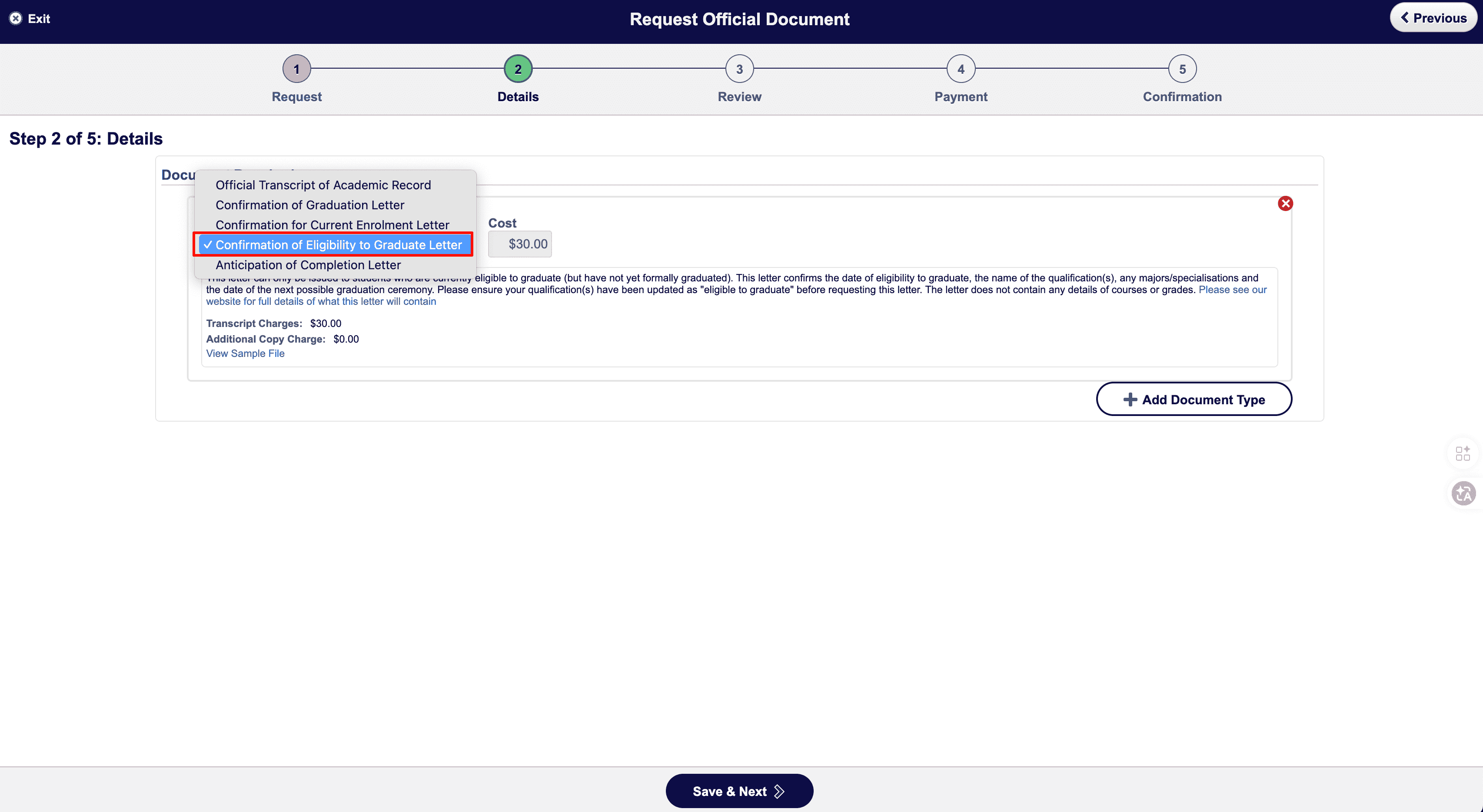 Step 2 - 选择 Confirmation of Eligibility to Graduate Letter
