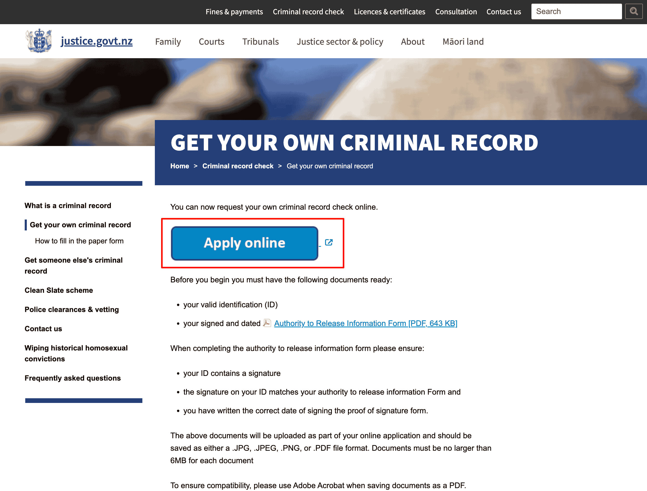 Get your own criminal record 申请页面