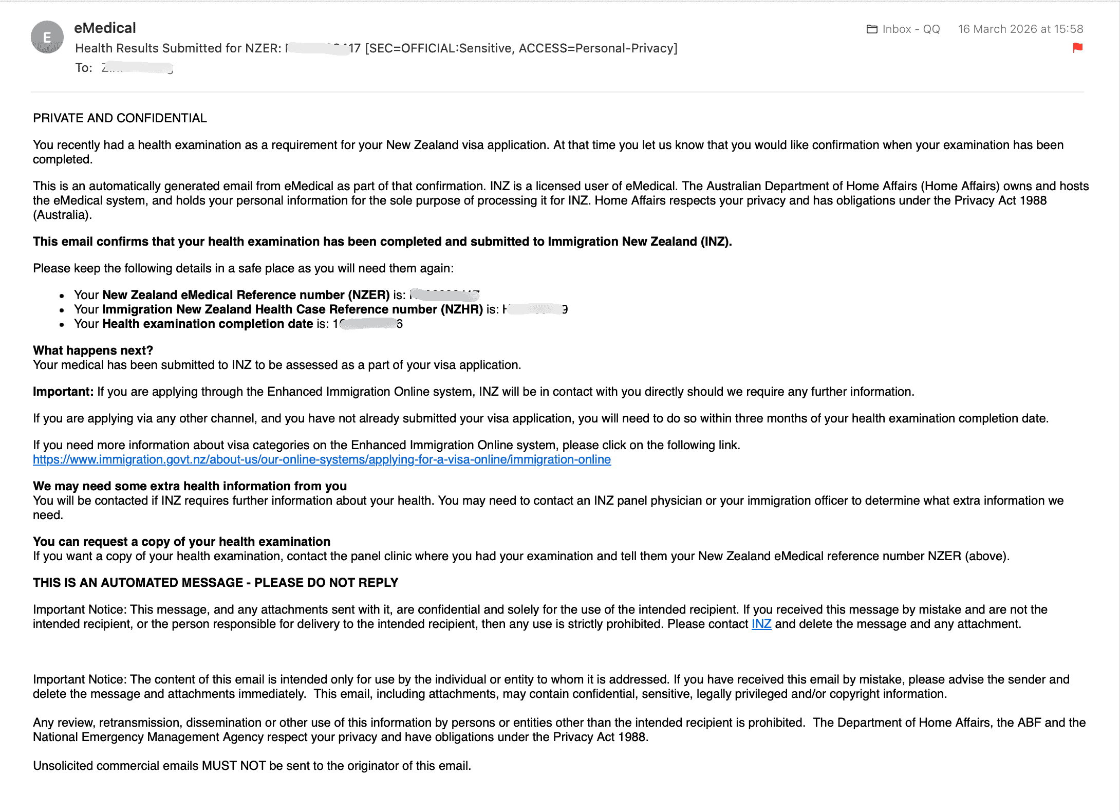 eMedical 确认邮件示例