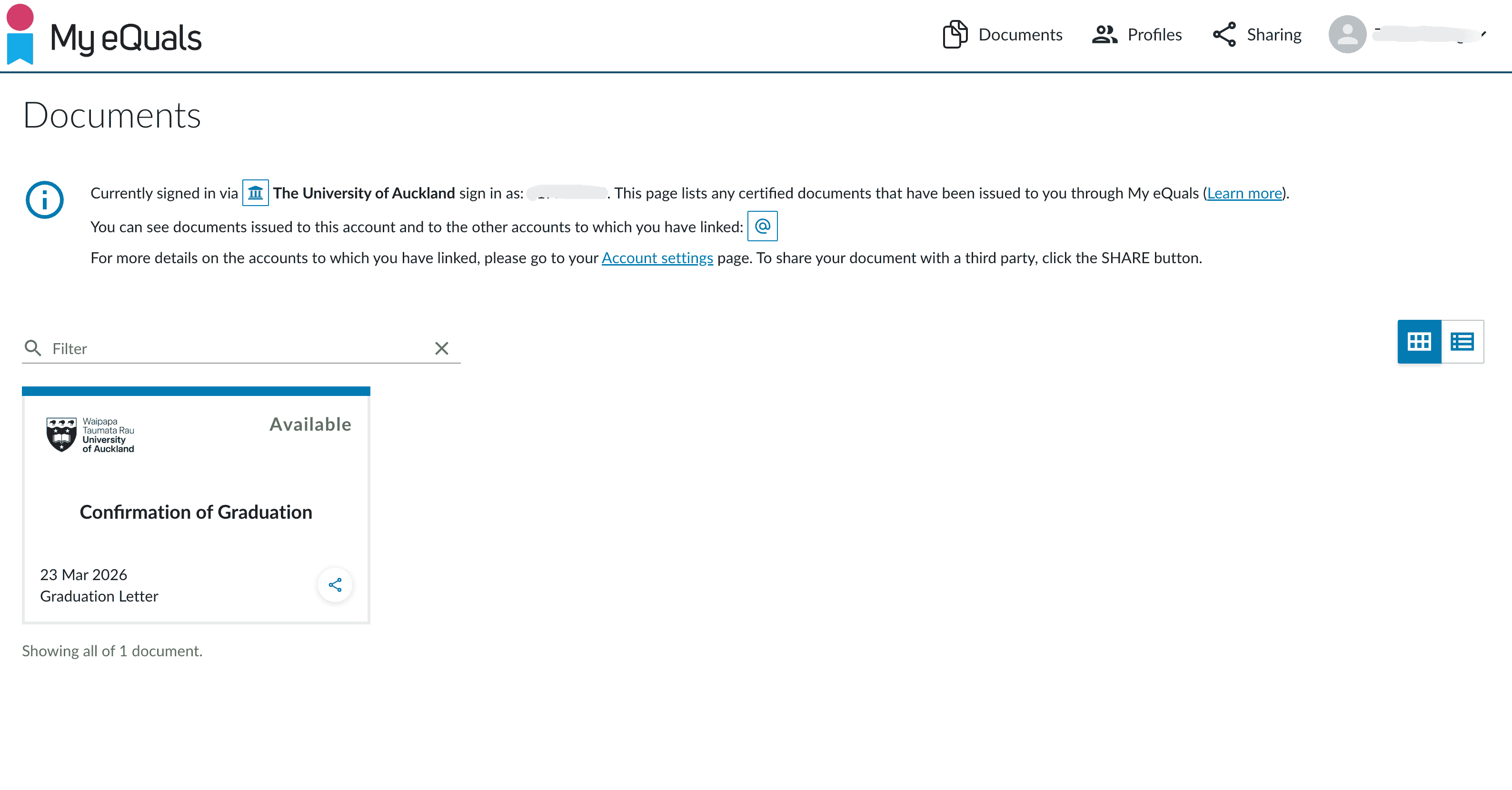 My eQuals - Documents 页面下载证明